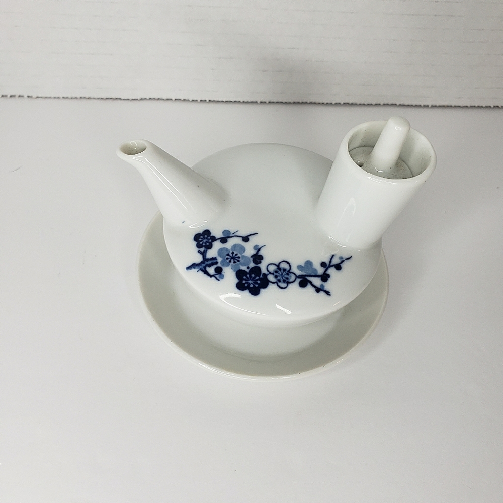 Vintage Otagi OMC Japan Soy Sauce Dispenser With Plate Blue Blossom Branch